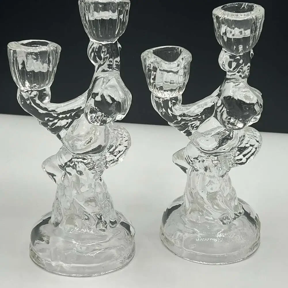 Vintage Clear Glass Cherub Angel 2 Arms Candle Holder Set of 2 - ,Beautiful